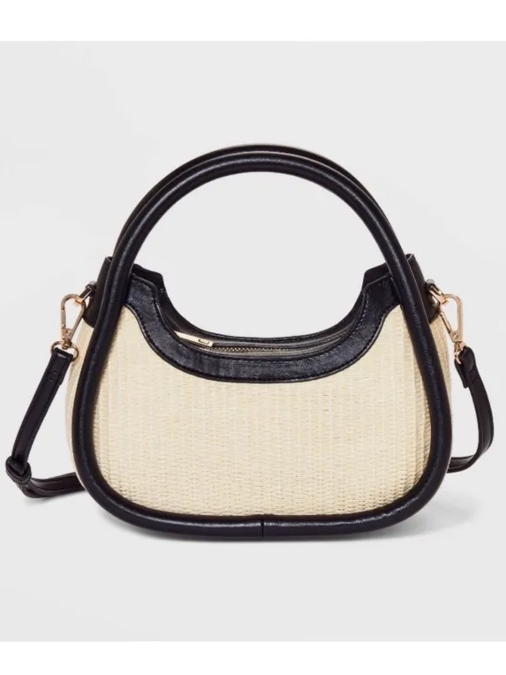 A New Day Handheld Crescent Straw Tote Handbag Black & Cream Crossbody Shoulder